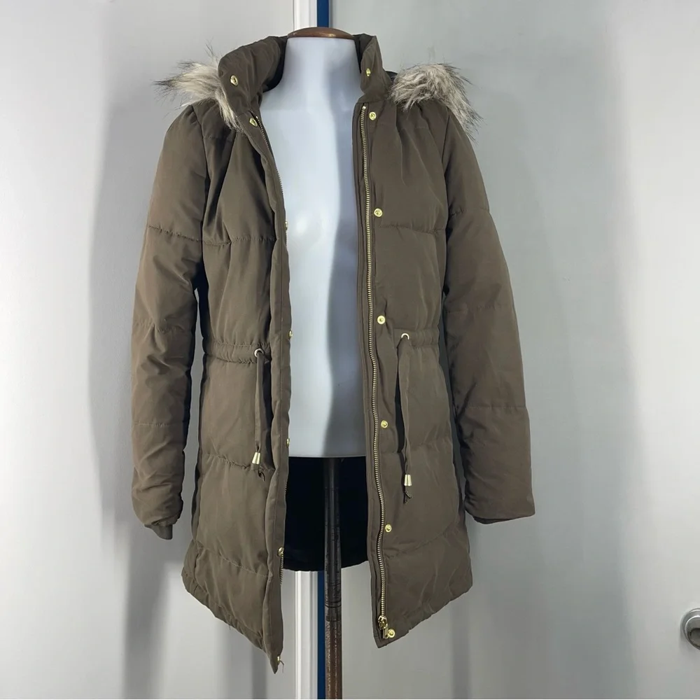 H&M Divided Long Winter Coat with Faux Fur Hood Size 4